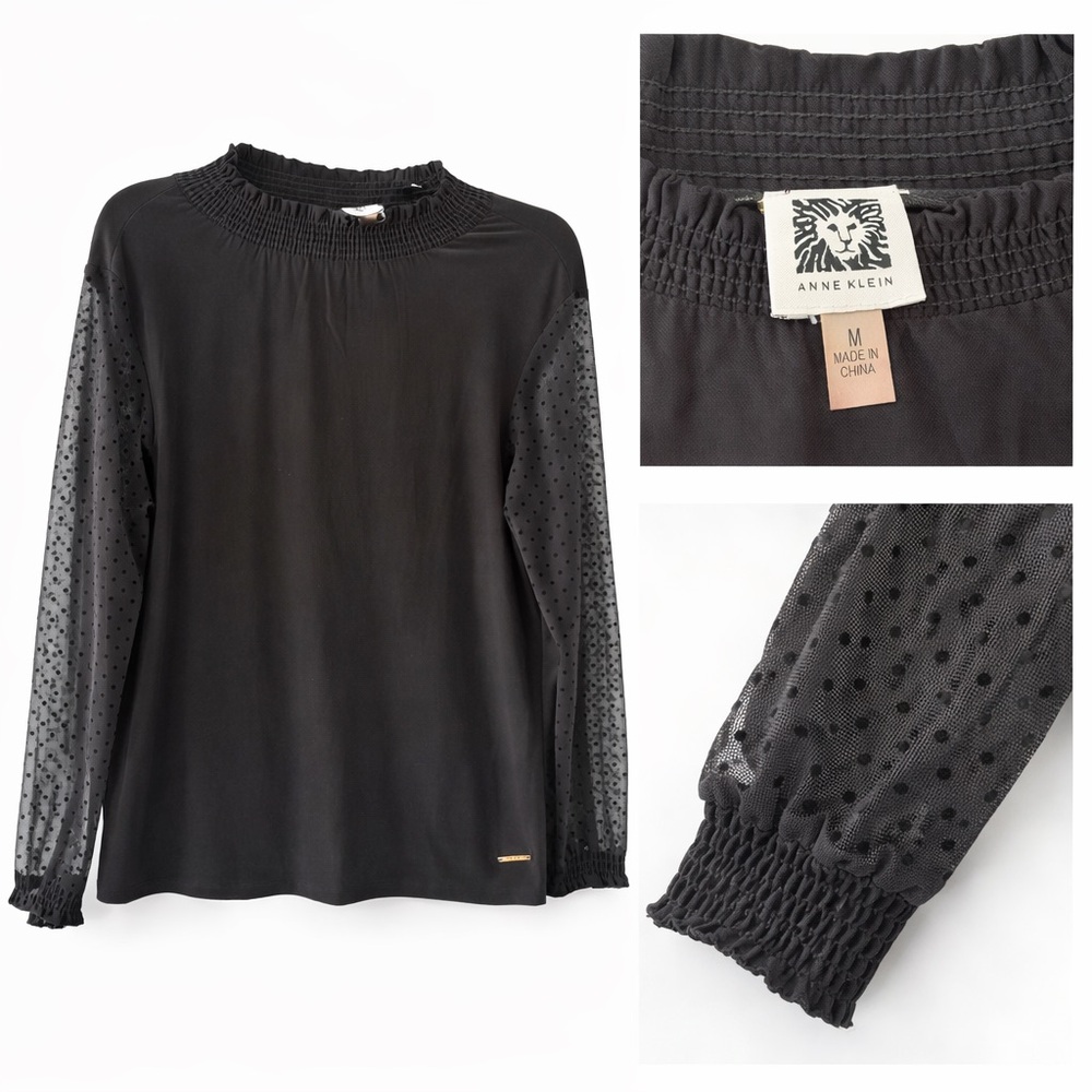 🎬Anne Klein Black Blouse with Sheer Polka Dot Sleeves